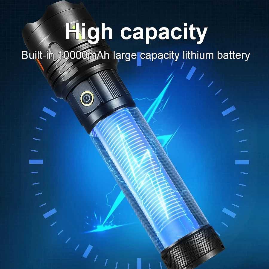 High Power.1000000LM Flashlight Rechargeable Strong Light Super Bright Lamp 1000mAh Military Tactical Lantern Camp Outdoor TorchXJ250529
