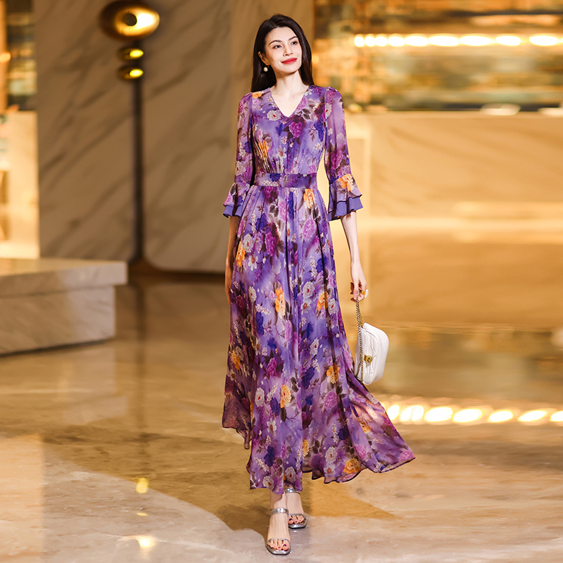 Sophisticated Women's Long-Sleeve Floral Print Dresses - Elegant Full Length Evening Wear