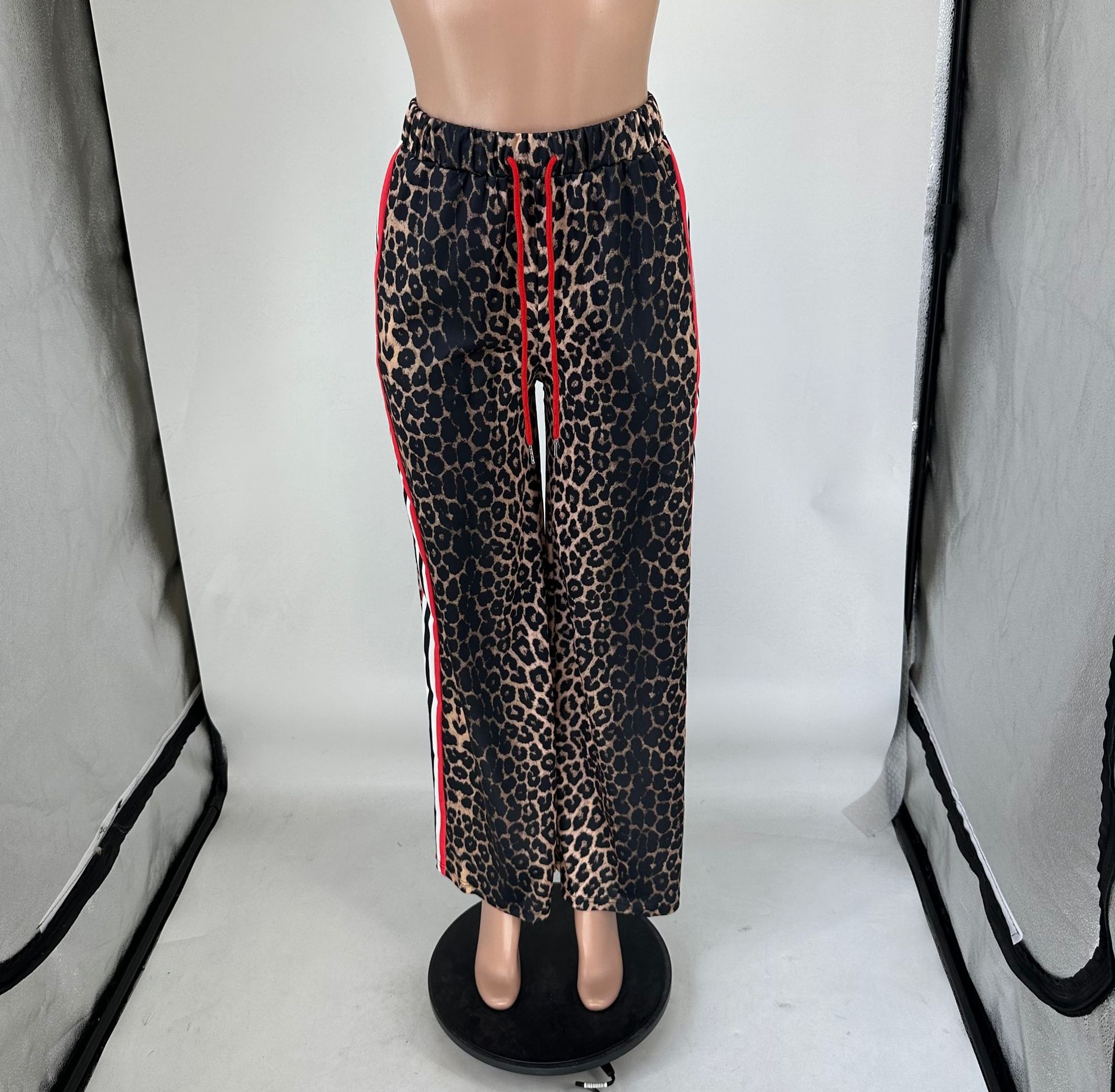 Leopard Wide Leg Women Casual High Waist Straight Pants Female Trouser Free Ship Z260314