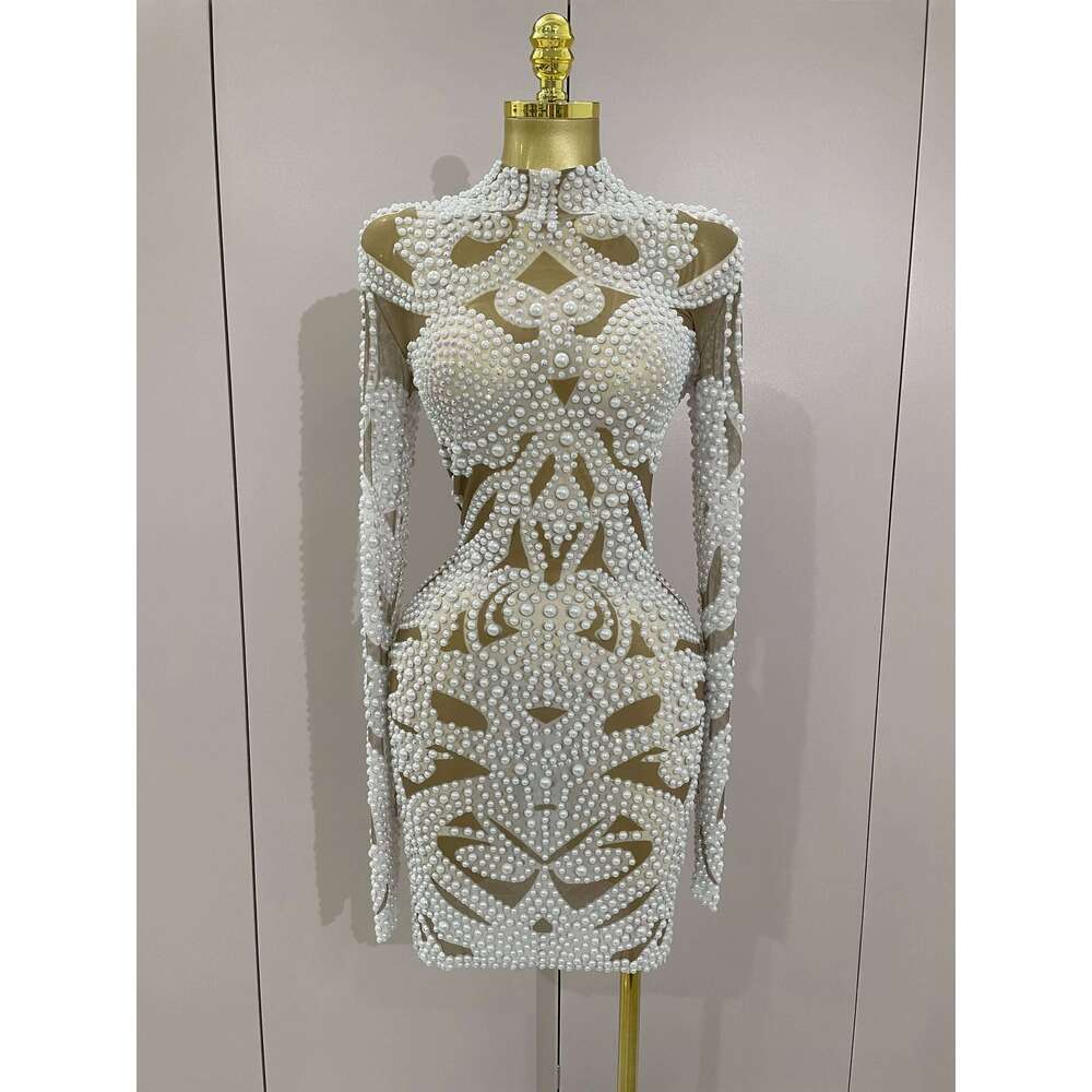 2025 New High-end Elegant Evening Gown AB Rhinestones Pearls Long Sleeves Mesh Dress Women tail party Wedding Costume