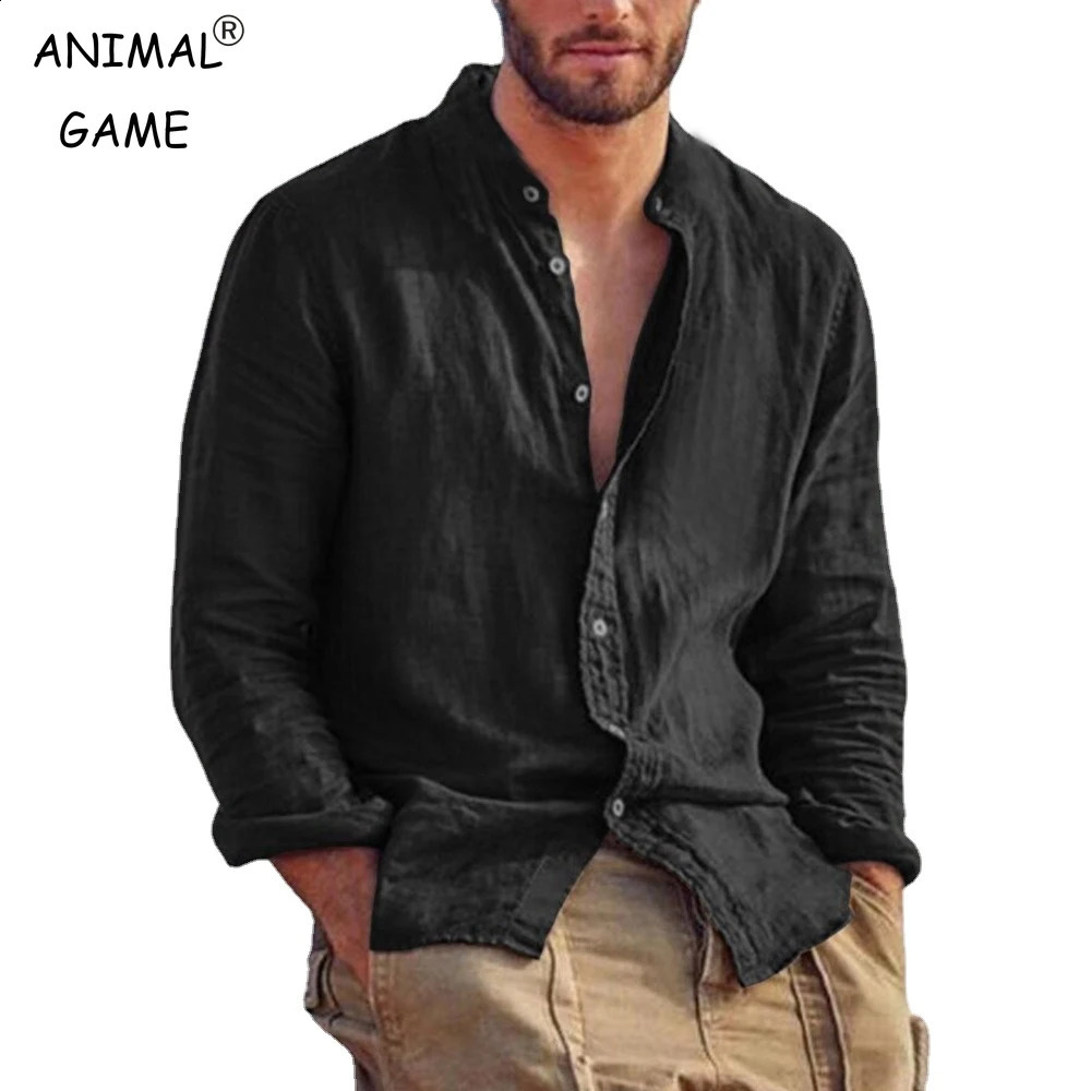 Sweatwear Mens Long Sleeve Shirt Linen Solid Color Shirts Trend Stand Collar Casual Lightweight Breathable Tops Hawaiian Shirt 250528
