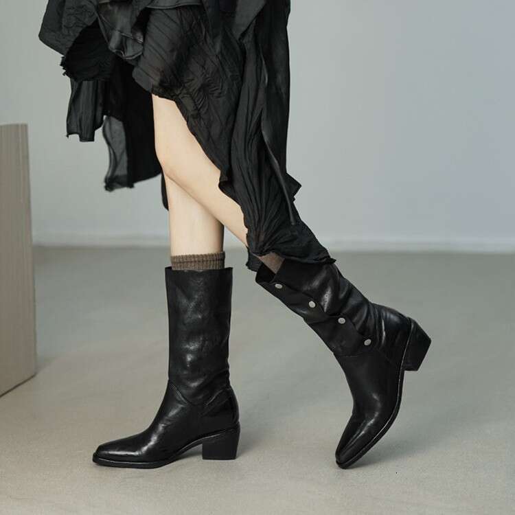 British Style High-End Niche Turn-Down Collar Two-Way Western Cowboy for Women, Autumn and Winter Thick Heel Mid-Calf Riding Boots