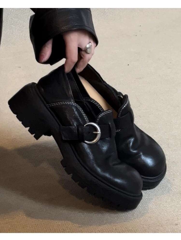 British Style Genuine Leather Loafers with Belt Buckle, Platform Thick Sole, Chunky Heel, Women's Spring, Autumn, Winter Shoes