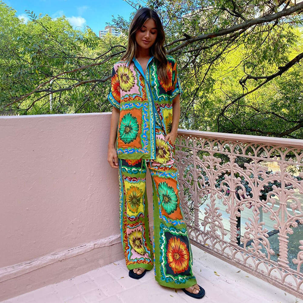 Autumn Women's Clothing Shirt Pants Loose Print Casual Two-Piece Set B5