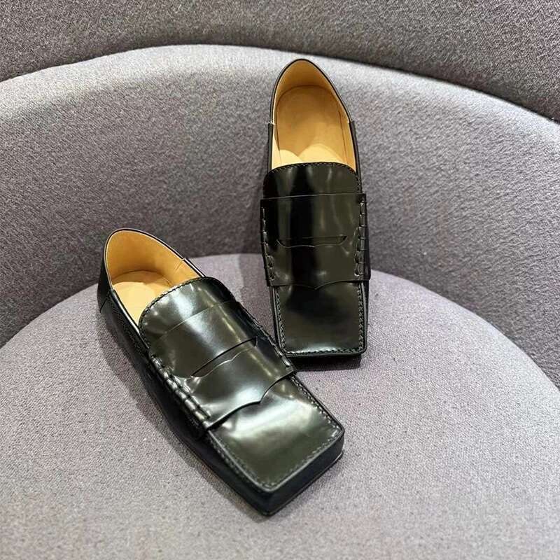 Genuine Niche Design Square Toe Flat Slip-On Loafers for Women 2025 Spring New Fashion Small Leather Single Shoes