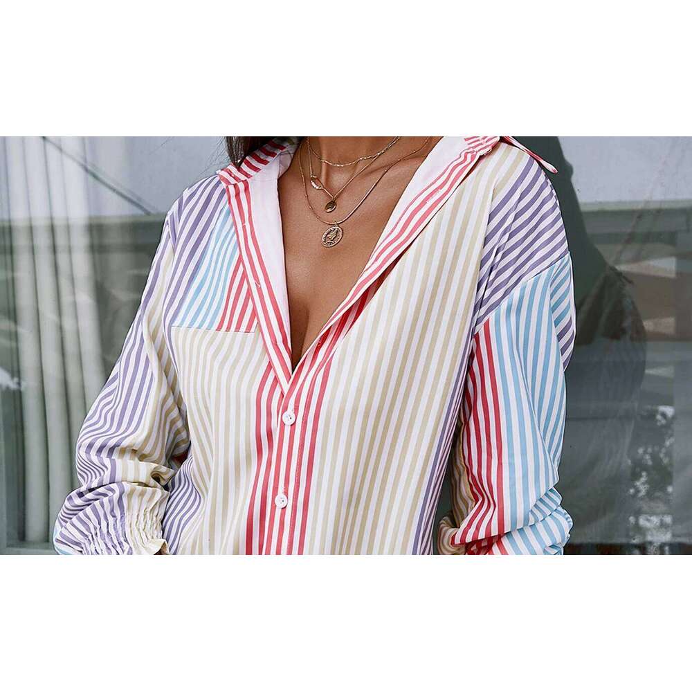 Women's Wear Women Summer Spring Loose Color Striped Shirt Mini Dress Long Sleeve Single Breasted Top Shirts