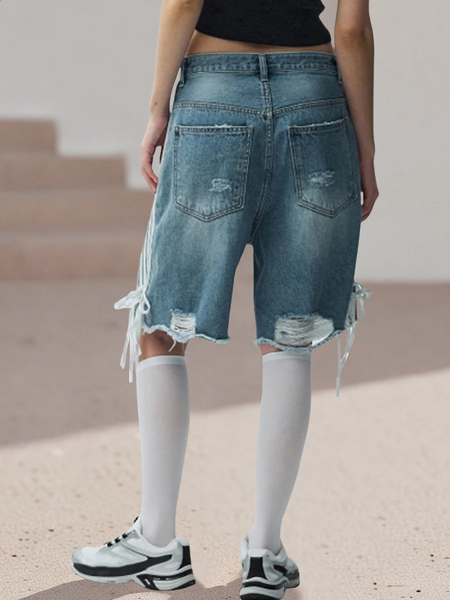 Women s Distressed Denim Shorts with Frayed Hem and LaceUp Detail Perfect for Summer Vacation Street Style 250516Z