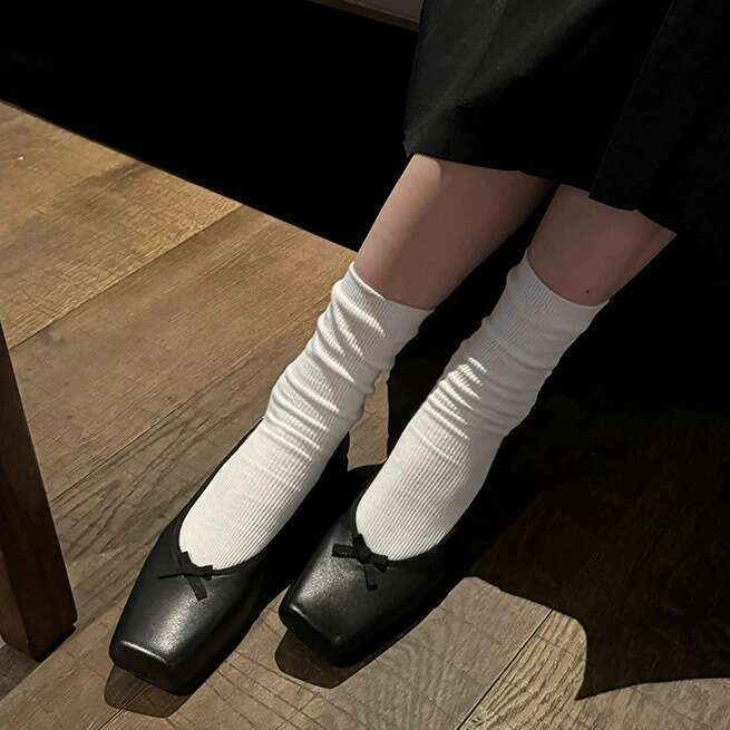 Genuine Leather Korean Style Niche Square Toe Shallow Mouth Bowknot Single for Women Spring and Autumn New Versatile Flat Ballet Shoes Loafers