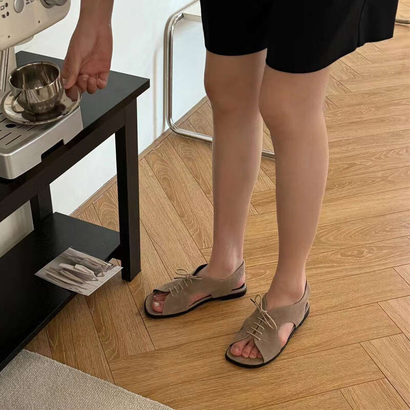 Korean Style Genuine Leather Suede Square Toe Lace-up Flat Open-toe Casual for Women 2024 Summer New Beach Sandals