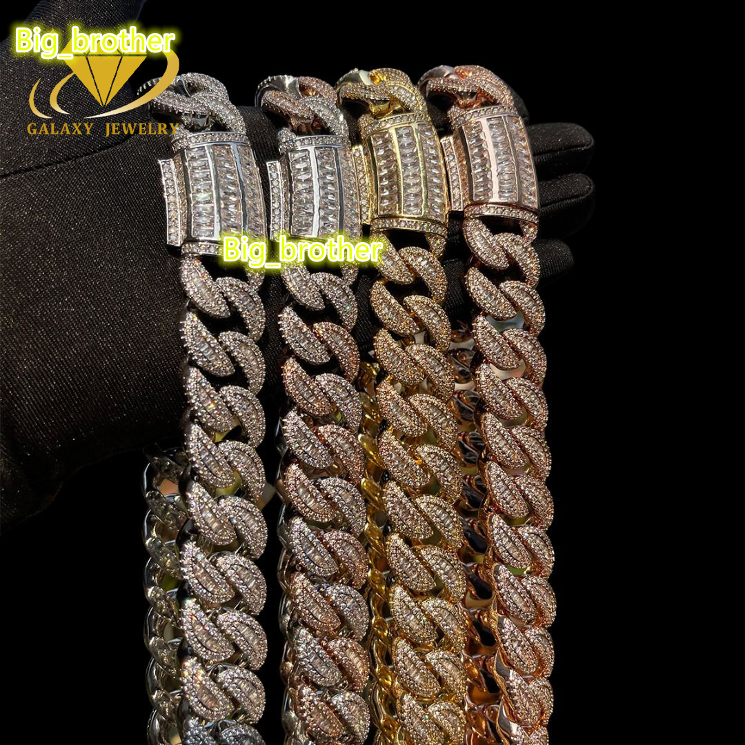 Luxury Hip Hop Chain Cuban Necklace Bling Moissanite Baguette Cuban 925 Silver Gold Plating Iced Out Miami Cuban Link Chain