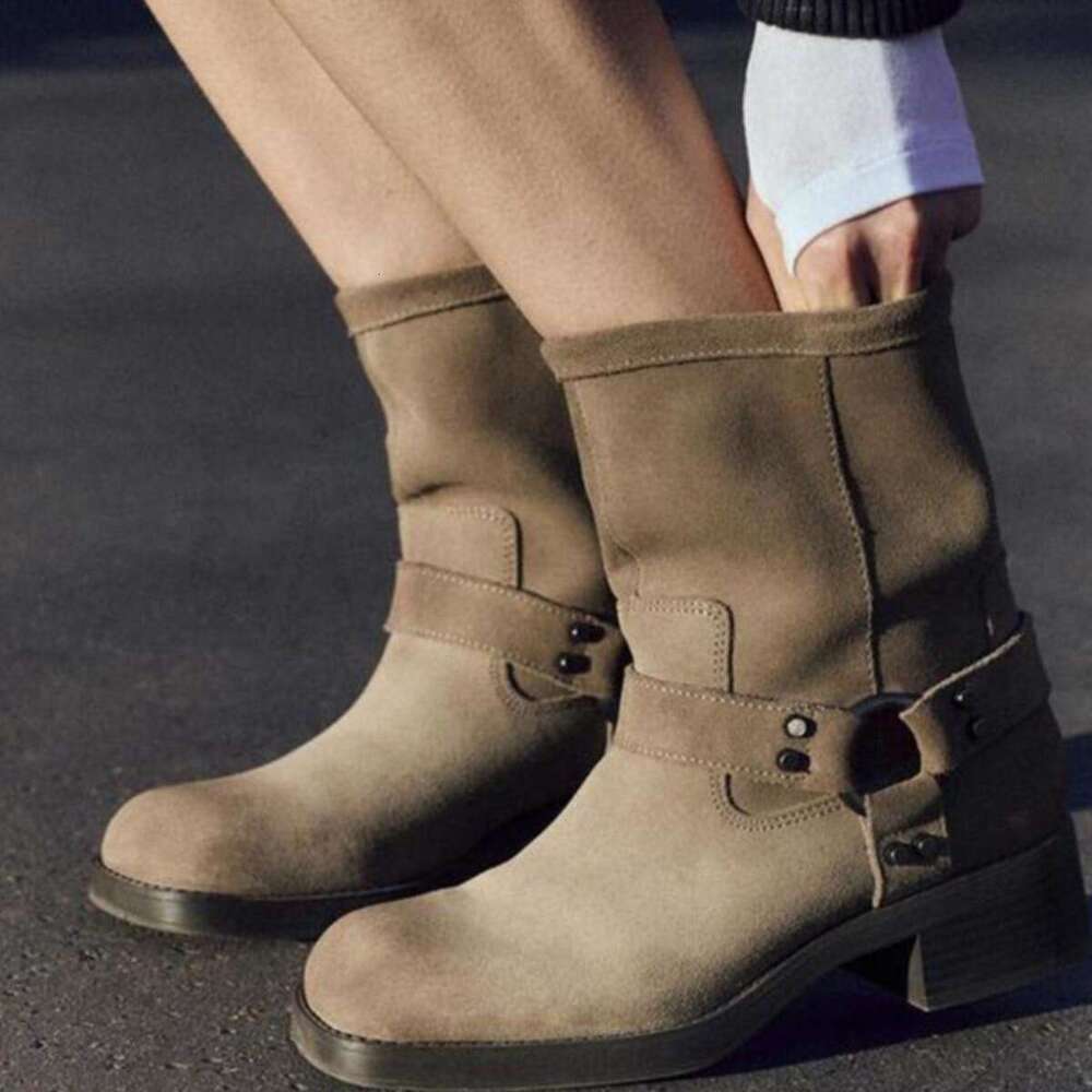 Maillard Belt Buckle Mid-Calf Western Cowboy Martin Women Autumn Winter Thick Heel Square Toe Short Boots