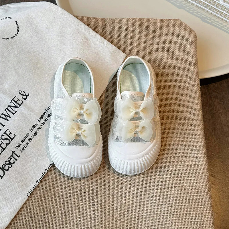 Girls Casual Flat Shoes Summer Children Versatile Bow Princess Shoes Kids Cute Sweet Mesh Tennis Shoes with Sequins 250527