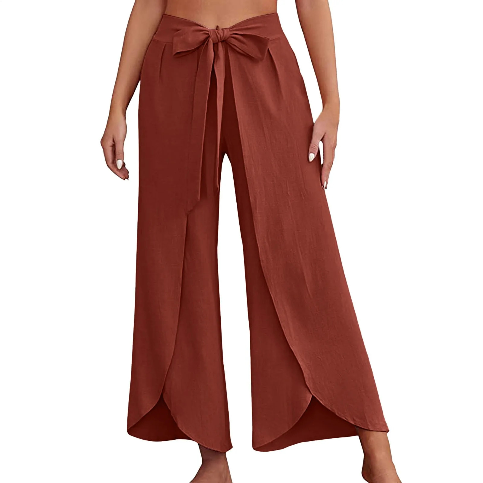Bohemian Women Flowy Wide Leg Pants Casual Summer Beach Pants LaceUp Fashion Solid Color Baggy Trousers Pantalones De Mujer 250529Z