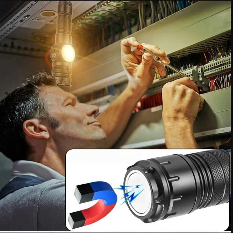Rechargeable LED Flashlight Powerful Battery Flash Light with Tail Magnet Zoom Torch Light Long Range Lamp for Camping XJ250529