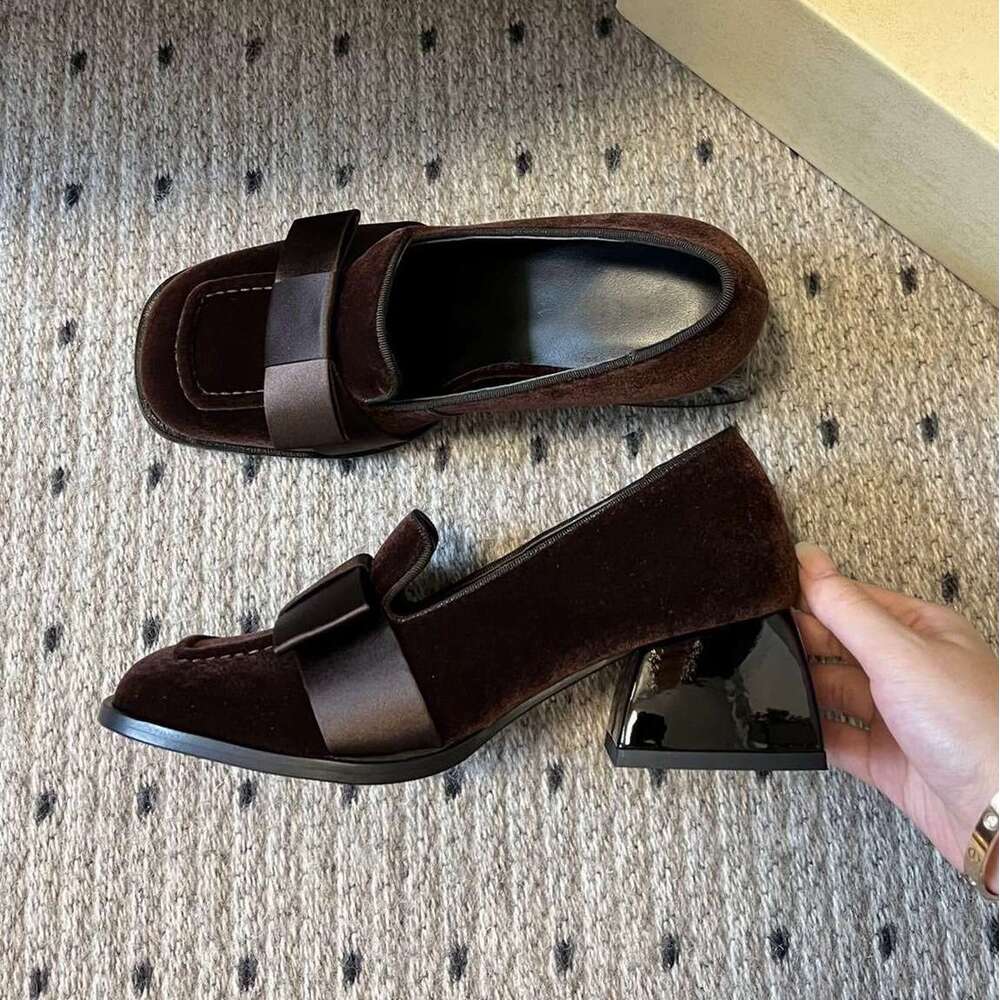 Genuine Leather Suede Melard Square Toe Chunky Heel Loafers for Women Spring and Autumn New High-End Single Mary Jane Women's Shoes