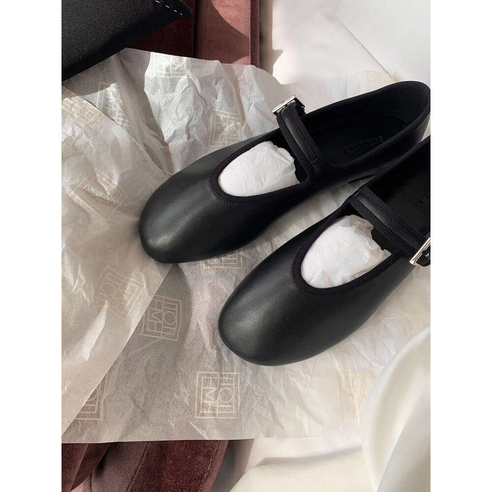 Grape Mom Round Toe Row Style One-Strap Genuine Leather Shallow Mouth Flat Ballet Mary Jane Single Shoes for Women