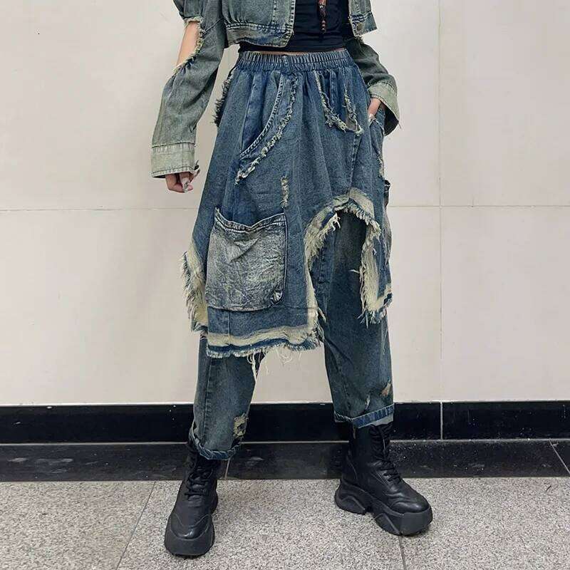 Getspring Women Jeans 2025 Spring Autumn Elastic Waisted Pocket Harem Pants Fashion Loose Casual Long Denim Trousers