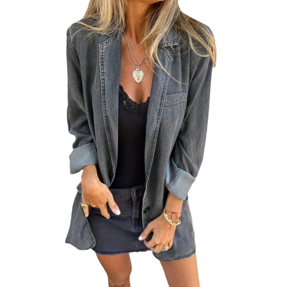 Summer Autumn Women's Casual Pocket Solid Color Loose Long Sleeve Denim Jacket B5