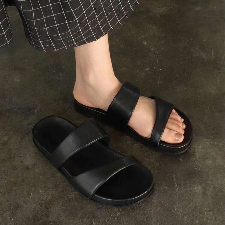 Sheepskin Version ~ Korean Style Round Toe Thick Sole One-Strap Sandals for Women Outdoor Wear 2025 Summer Open-Toe Beach Casual Slippers