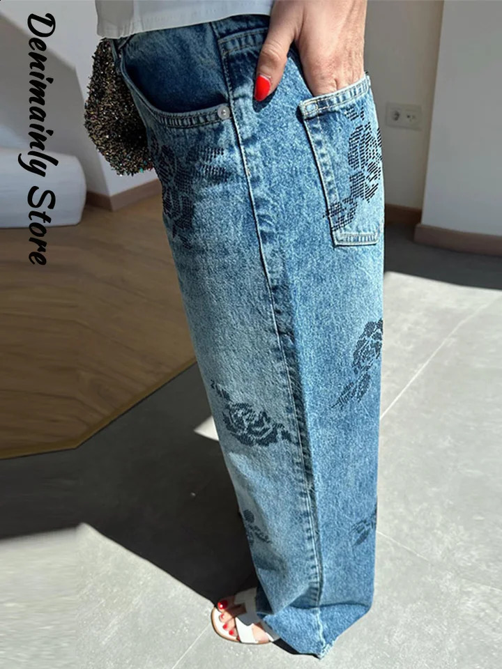 Casual Flower Shaped s Woman Jeans Denim Low Waist Loose Straight Trousers 2025 Fashion High Street Lady Pants 250516Z