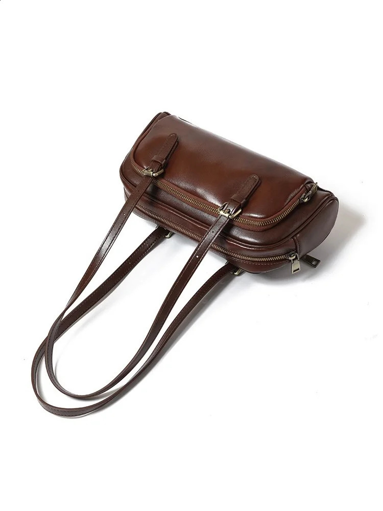 Genuine Leather Underarm retro baguette bag for women Shoulder Bag First layer cow leather handbag crossbody bowling 250528