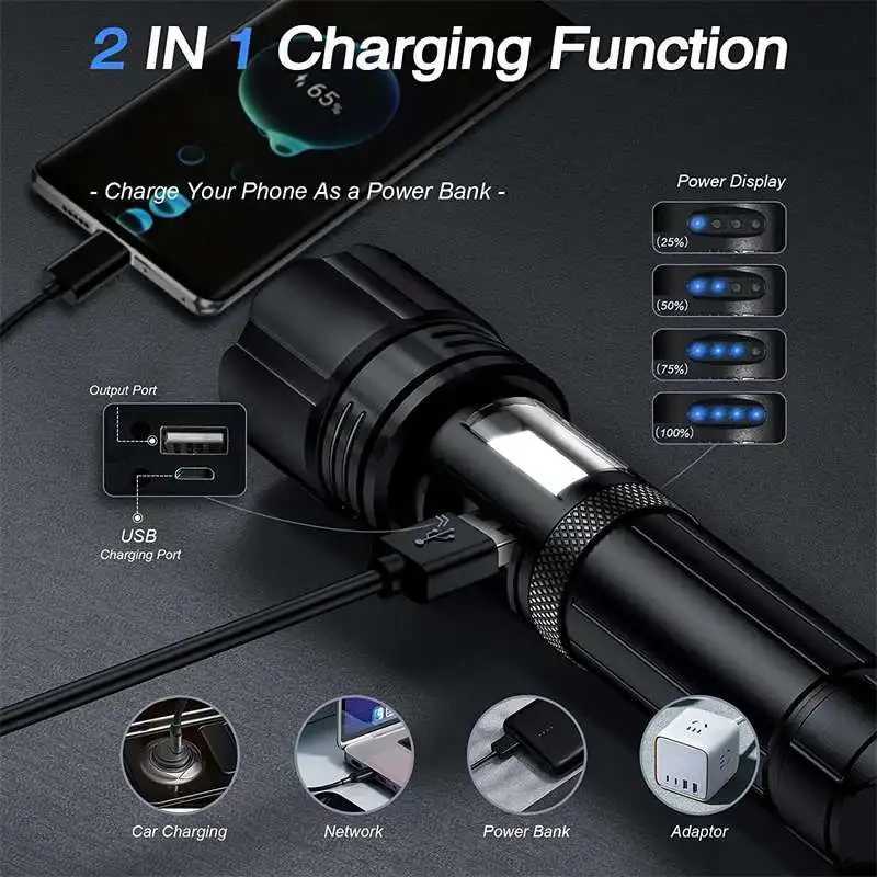 Rechargeable XHP90 LED Flashlight 10000 High Lumens Tactical Light Waterproof Zoomable 7 Mode Camping Emergencies FlashlightsXJ250529