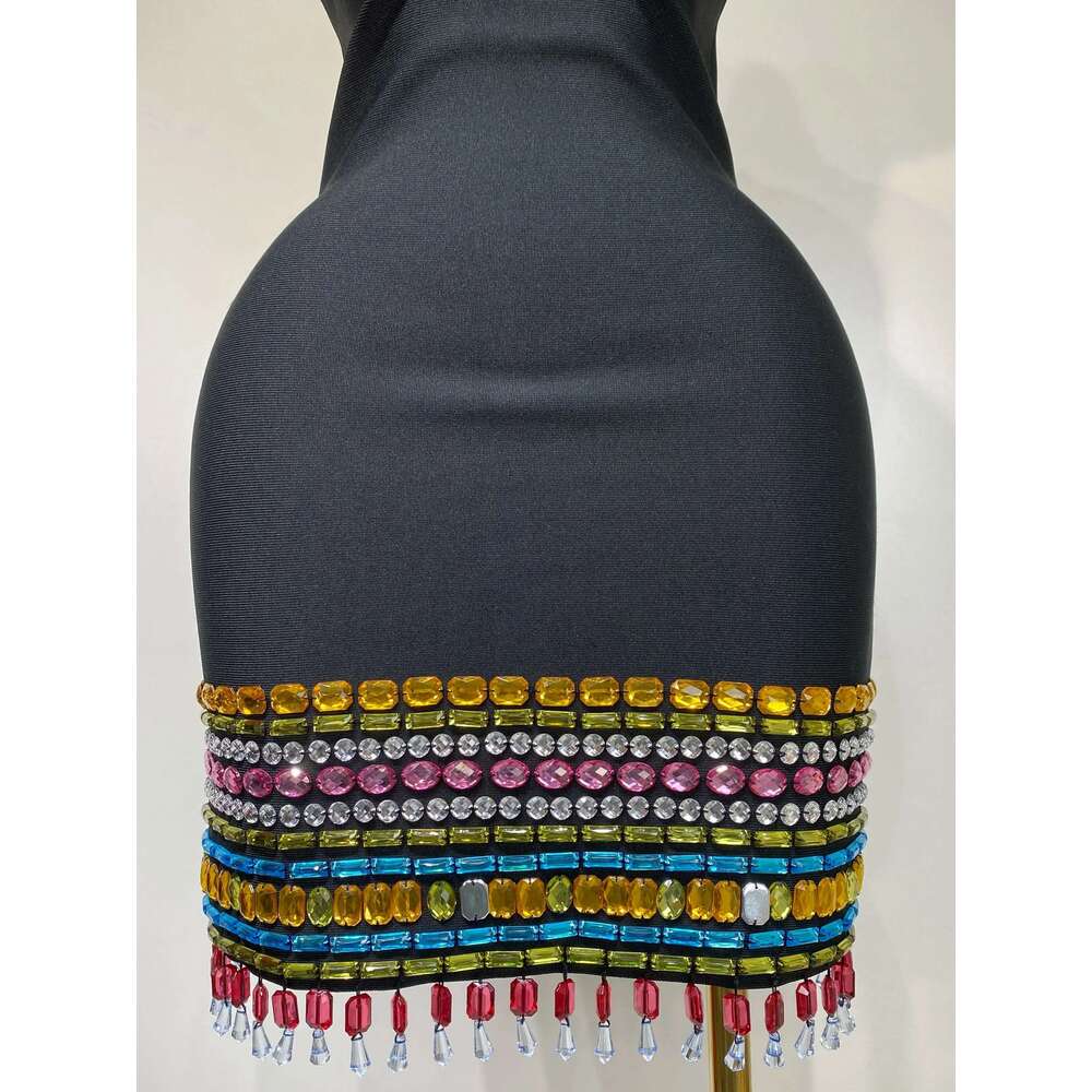 Sparkly Colorful Dias V Neck Black Bodycon Bandage Dress 2025 Celebrity Elegant Evening Club Party Birthday Dresses