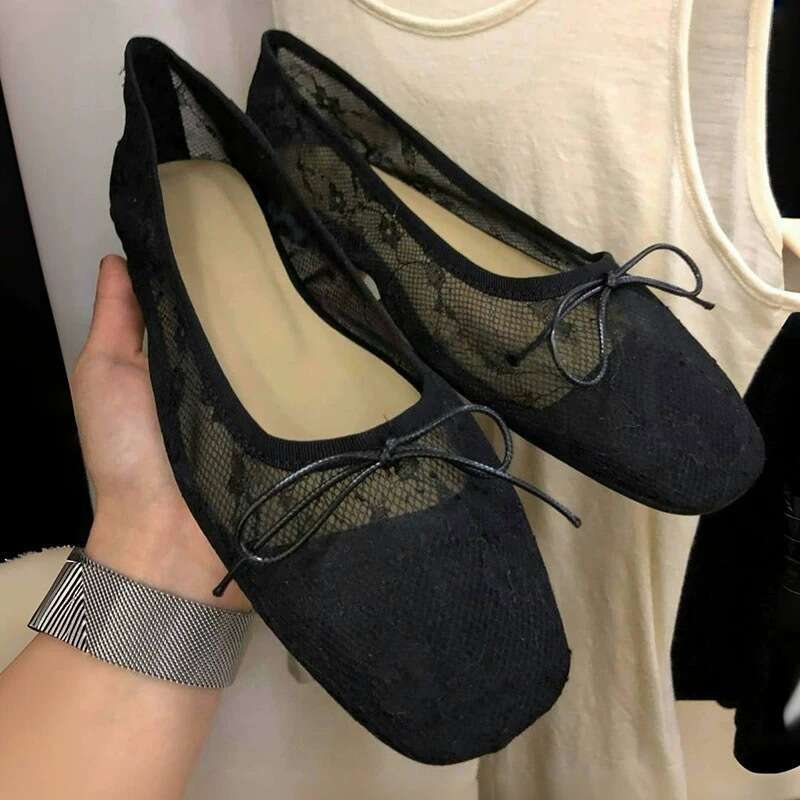 Genuine Leather Korean Style Mesh Lace Bow Ballet for Women 2025 Spring Summer Versatile Square Toe Shallow Mouth Flat Shoes