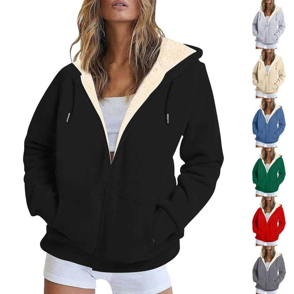 Women's Wear Woman Fleece Lined Zip Up Jackets Streetwear Color Oversize Hooded Coat For Women Fall Winter Solid Warm Soft Outwears