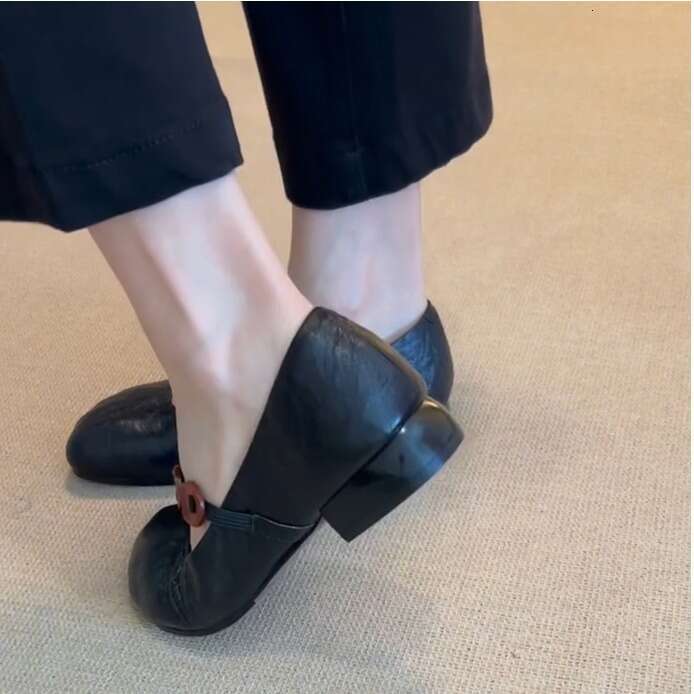 Genuine Leather French Style Round Toe Chunky Heel Single for Women, New Autumn One-Strap Shallow Mouth Mary Jane Ballet Shoes