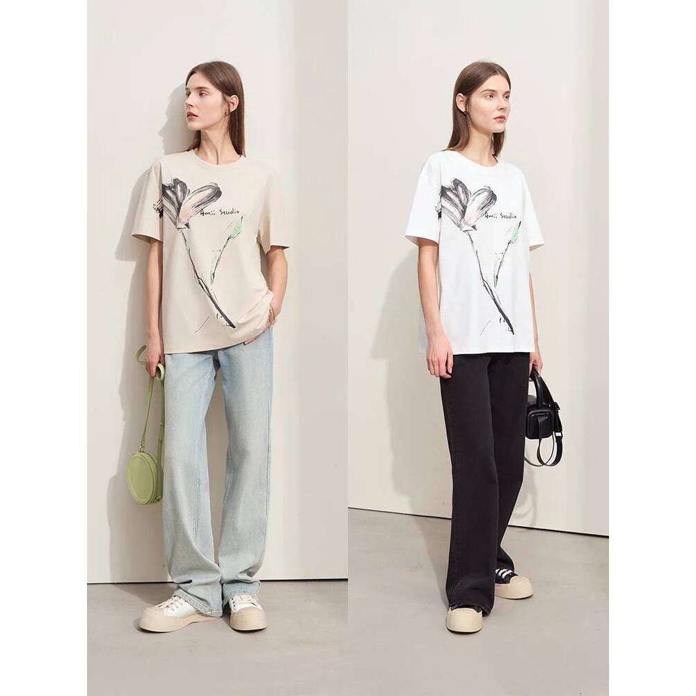 Amii Minimalism 2024 T-Shirt Women Summer New O Neck Ink Art Print Cool Feeling Short Sleeve Loose Cotton Tee Tops 12442185