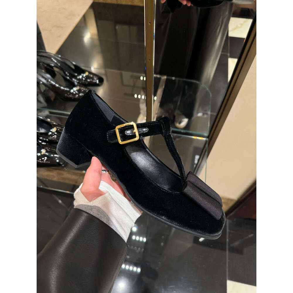 Genuine Leather Velvet French Round Toe T-Strap Mary Jane for Women 2025 Spring New Chunky Heel Bowknot Women's Shoes