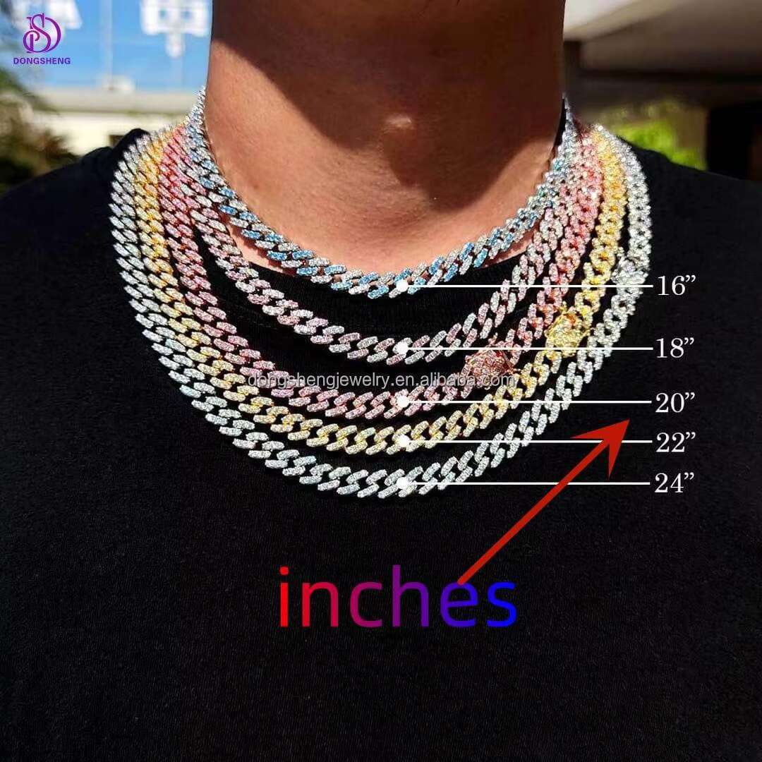 Hot Selling Fashion Jewelry 925 Sterling Silver Hip Hop Necklace 10mm 12mm Iced Out Moissanite Diamond Cuban Link Chain