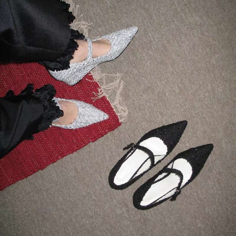 Pointed Toe Wedge Tweed Single for Women 2024 Spring Summer Versatile Shallow Mouth High Heels One Strap Mary Jane Shoes