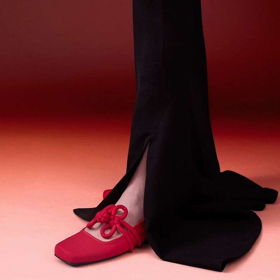 Genuine Leather Satin Flat Shallow Mouth Square Toe Single for Women 2025 Spring Chinese Knot Red Mary Jane Ballet Shoes