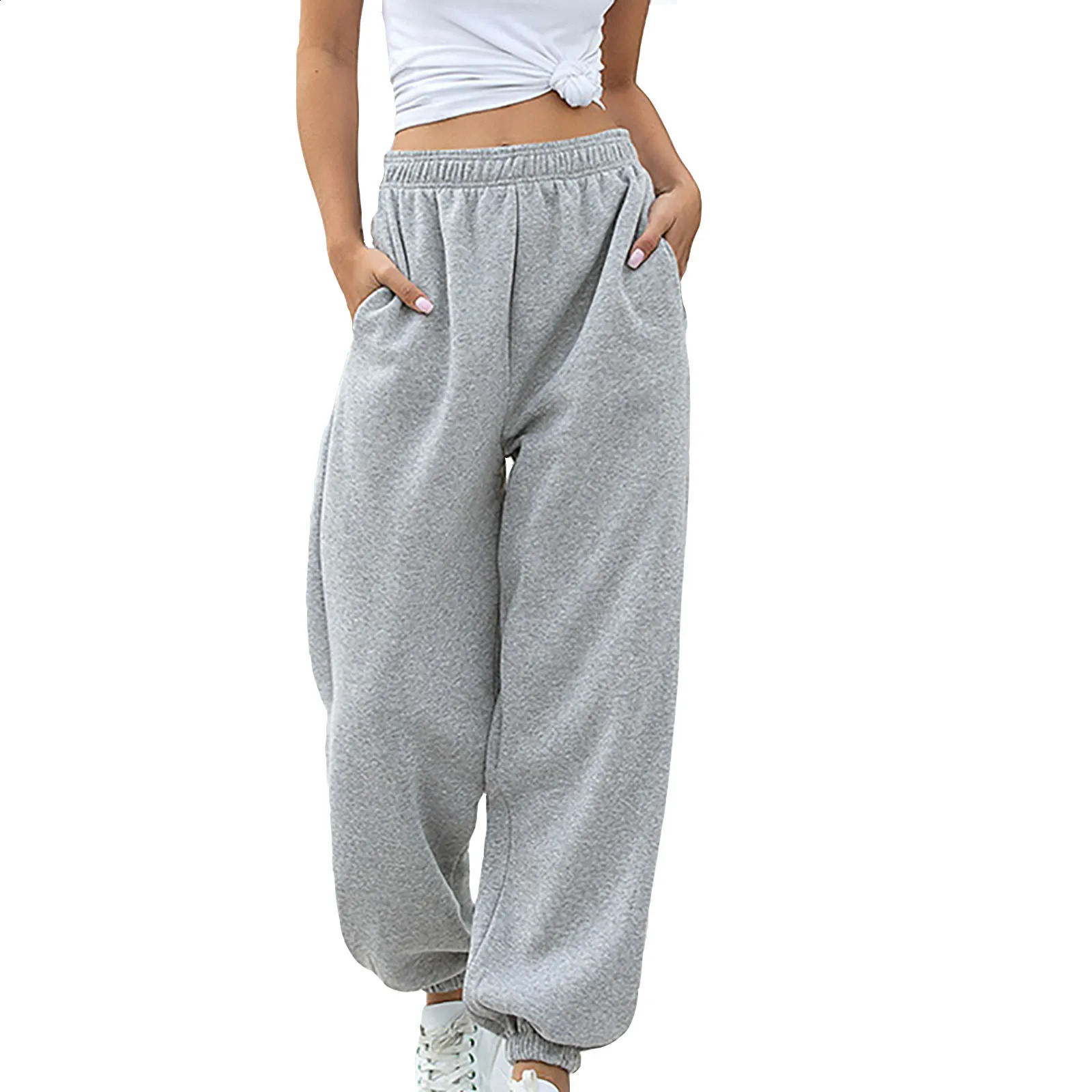 Woman Sport Pants Solid Color Casual Sweatpants Joggers Elastic High Waist Trousers With Pockets Pantalones Holgados Mujer 250529Z