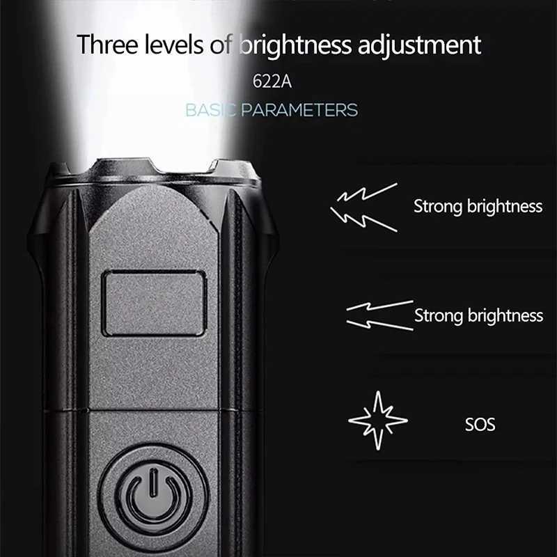 Powerful LED Flashlight USB Rechargeable Torch Portable Zoomable Camping Light 3 Lighting Modes For Outdoor Hiking Emergency XJ250529