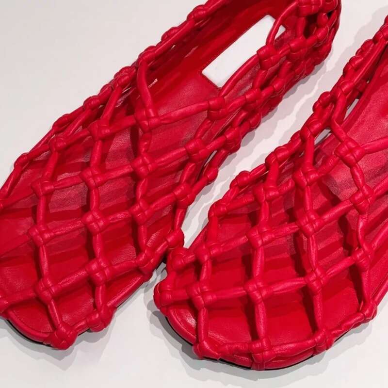 Cowhide Version ~ Niche Fishnet Woven Hollow Round Toe Flat Shoes for Women 2025 Spring Summer Ballet Sandals