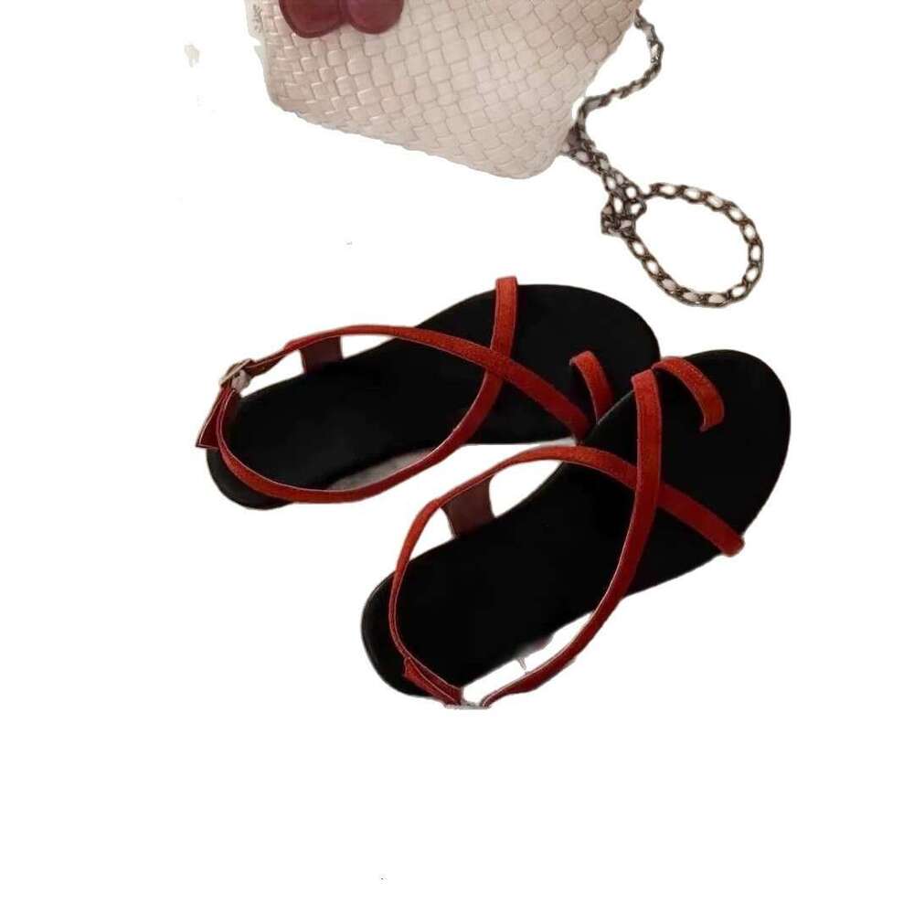 Cowhide Version ~ Korean INS Style Round Cross Strap Sandals for Women 2025 Summer Toe Clip Flat Roman Shoes