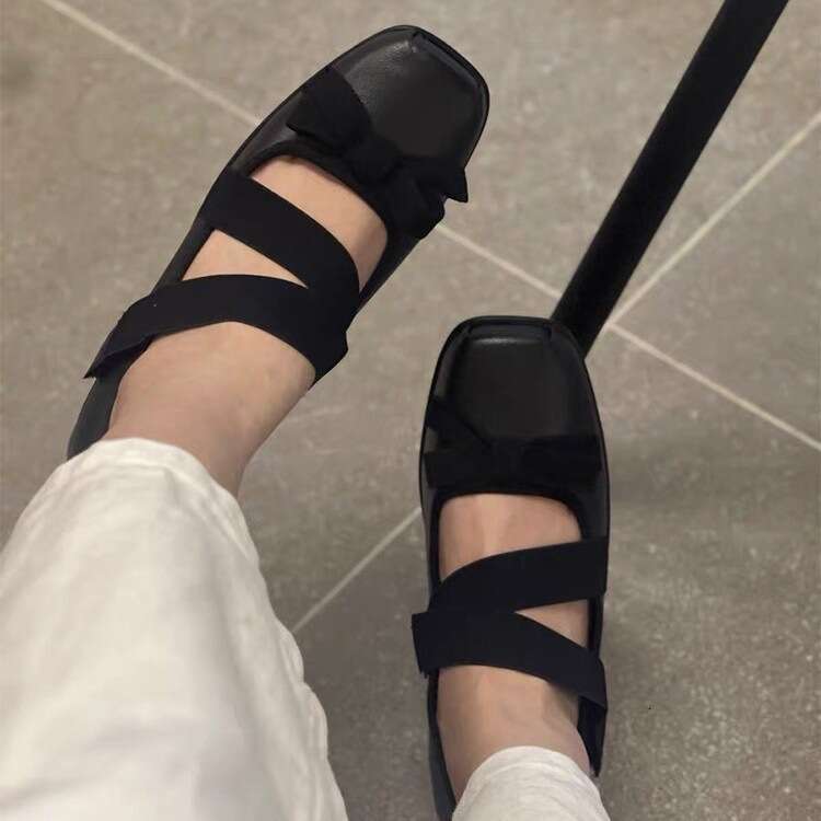Genuine Leather Niche Bowknot Cross Velcro Low Heel Square Toe Ballet Shoes for Women 2025 Spring Mary Jane Flats
