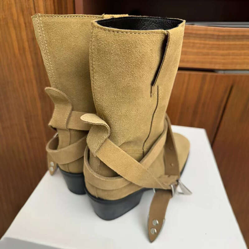 Korean Style Niche Cross Strap Suede Chunky Heel Square Toe Western Cowboy Belt Buckle Martin Short Mid-Calf Boots for Women