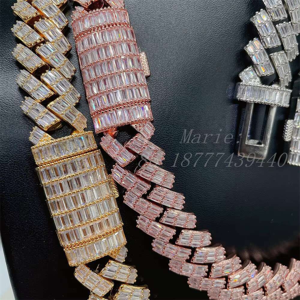 baguette Moissanite Silver Hip Hop Cuban Link 18mm Vvs High Quality baguette Diamond Hip Hop Jewelry Cuban Link Chain