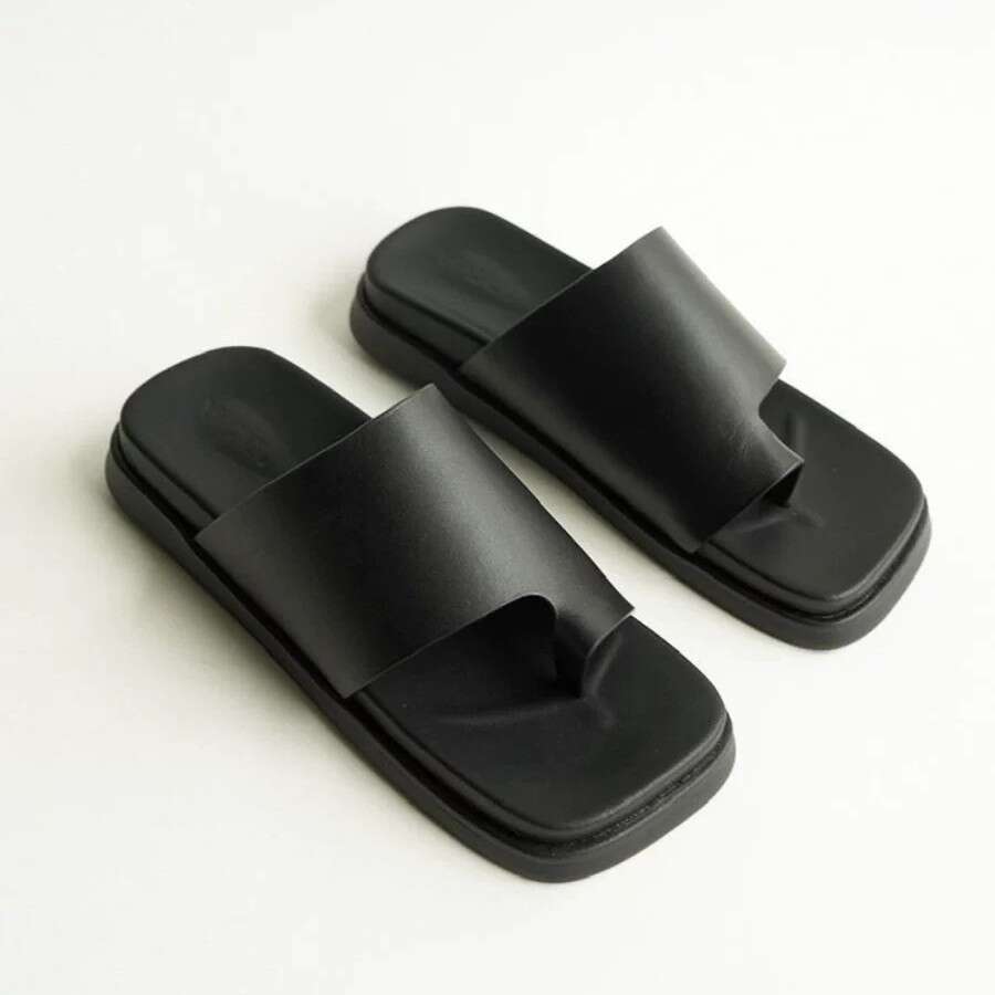 Cowhide Version ~ Niche Loop Square Toe Thick Sole Slippers for Women Outdoor 2025 Summer Beach Flat Comfortable Sandals