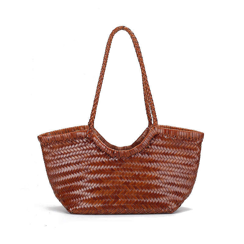 Tote Bag Ins Genuine Leather Recycled Cowhide Handmade Herringbone Woven Tote Basket Vacation Bag Shoulder Bag Braided Handbag