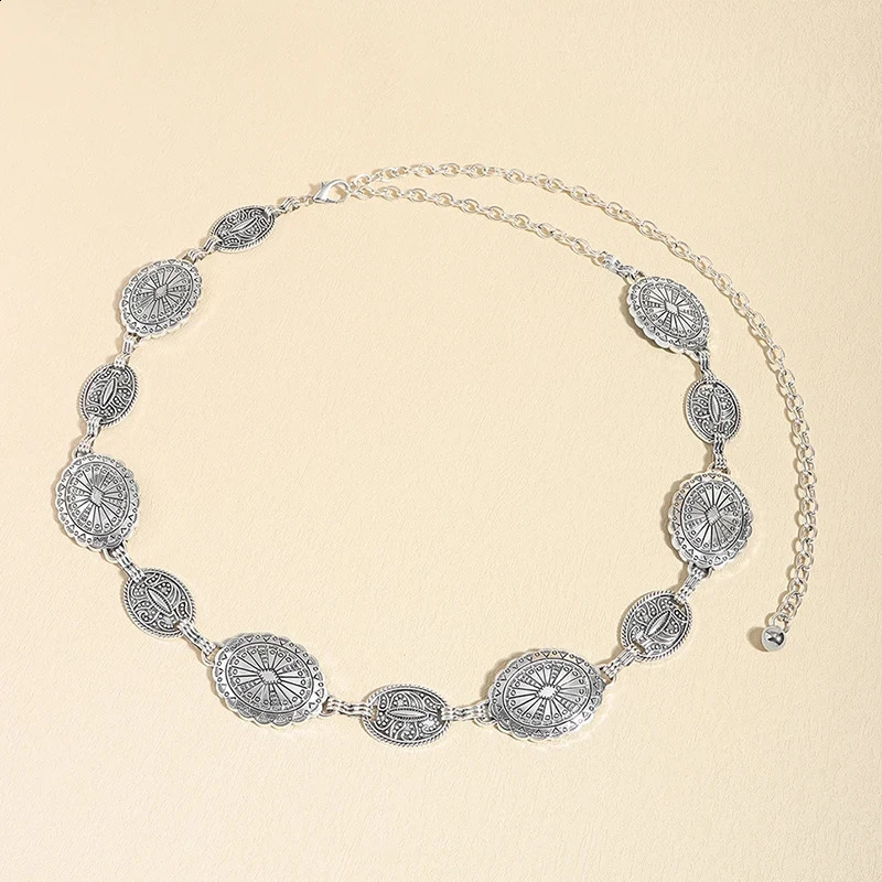 Retro style womens metal waist chain accessories Decorative circle carved chain belt high style accessories 250523