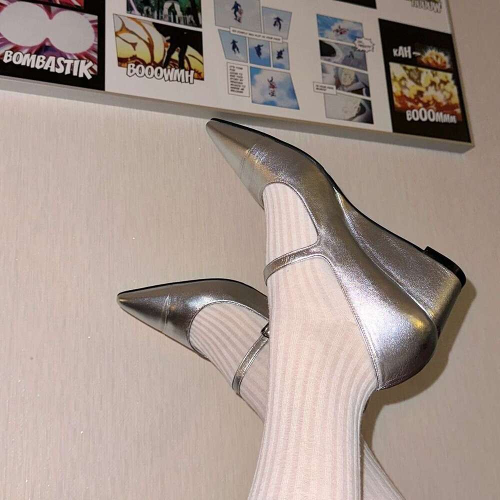 Genuine Leather French Niche Design One-Strap Buckle Pointed Toe Wedge Block Heel Mary Jane Shoes for Women Spring Summer High Heels