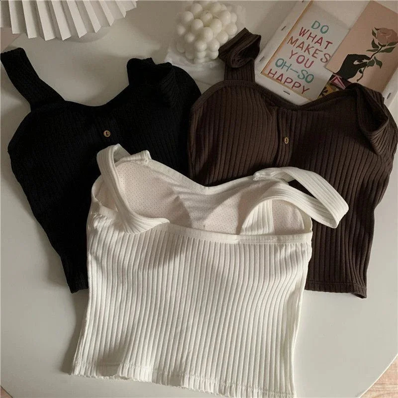 1pcs Summer Girls Cute Button Padded Bra Tank Top Women Casual Strap Vest Female Camisole With Built In Camis Ladys top 250527