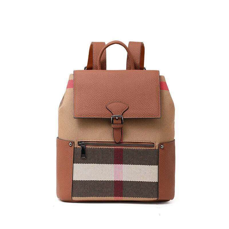 Genuine Leather Canvas Plaid Shoulder College Style Large Capacity Student Travel Lightweight Women's School Bag Backpack