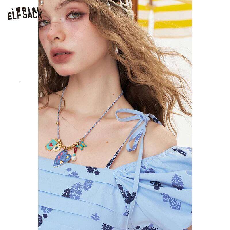 ELFSACK 2025 Summer New Arrivals Square Neck Bubble Sleeve Mid Length Dress For Women