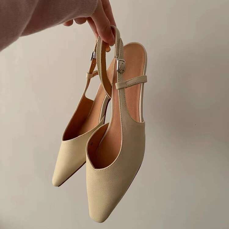 Genuine Leather French Style Square Toe Stiletto Mules for Women 2025 New Spring Summer Elegant Low Heel Back Strap Sandals